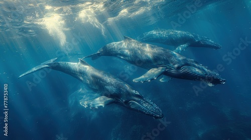 A spectacular photo of a pod of blue whales swimming in tropical waters. Extraordinary Creatures. © pengedarseni