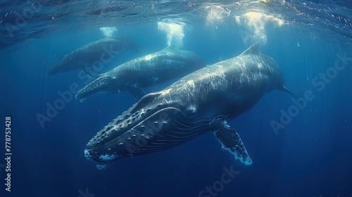 A spectacular photo of a pod of blue whales swimming in tropical waters. Extraordinary Creatures. © pengedarseni