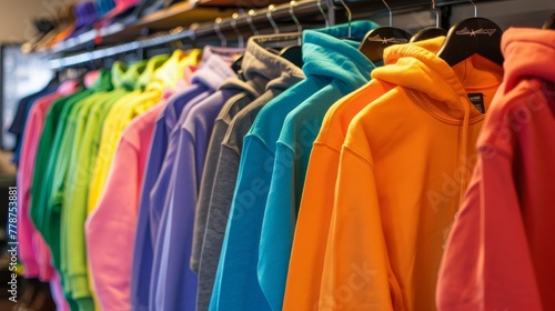 Variety of hoodies in bright colors arranged on hangers in store 