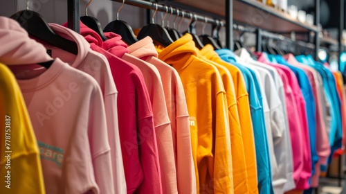 Variety of hoodies in bright colors arranged on hangers in store  photo