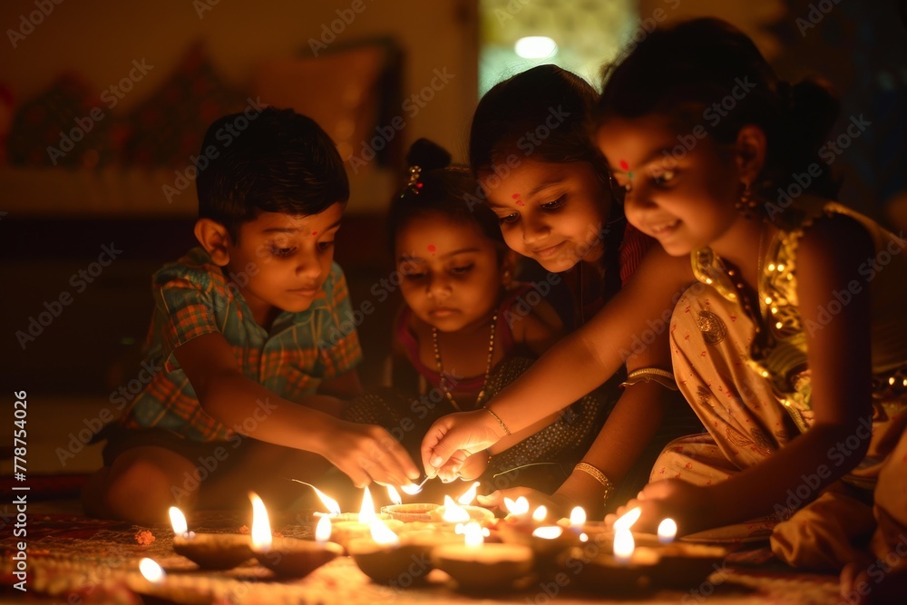 Four young children are intimately involved in lighting traditional earthenware candles during a cultural festival, portraying warmth and innocence Four young children are intimately involved in lighting traditional earthenware candles during a cultural festival, portraying warmth and innocence