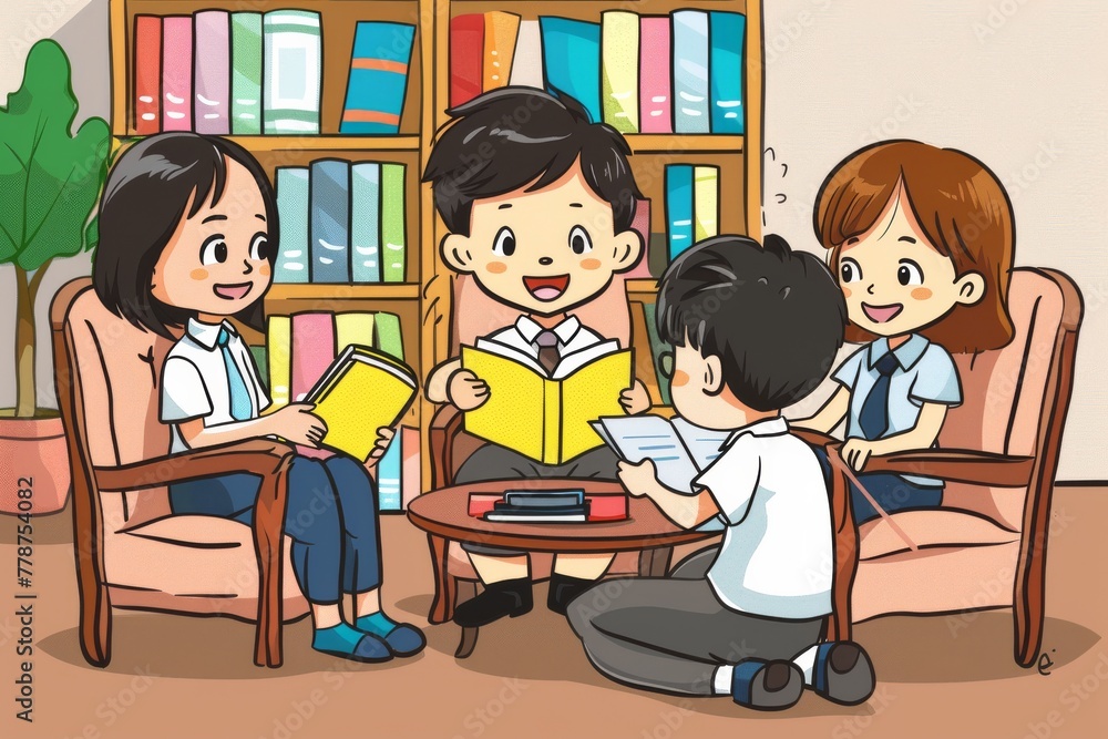 Animated illustration of joyful students involved in a group discussion surrounded by books in a classroom