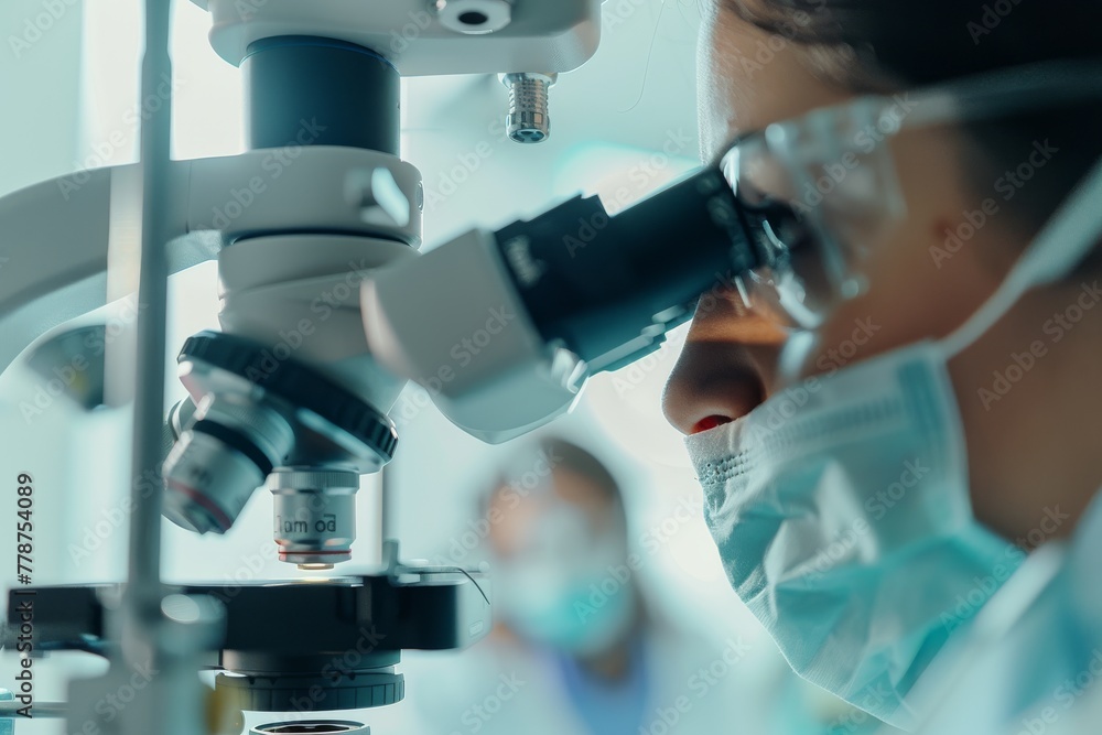 An intense focus on a scientist using a microscope, inspecting specimens with high precision in a medical lab setting An intense focus on a scientist using a microscope, inspecting specimens with high precision in a medical lab setting