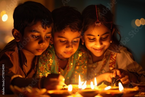 Children enjoying Diwali festival with bright candle lights and joyous faces