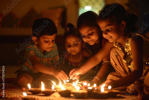 Four young children are intimately involved in lighting traditional earthenware candles during a cultural festival  portraying warmth and innocence