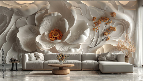 A large wall mural of an oversized flower in the style of Art Deco, 3D, on the living room wall of a loft apartment with a white sofa and coffee table. Created with Ai photo