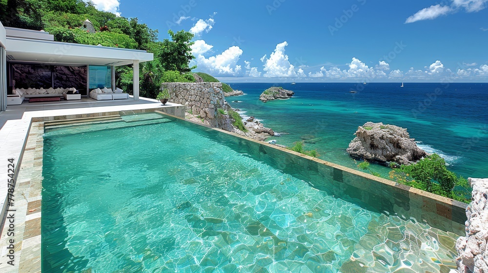   A spacious pool facing a home, offering an oceanic view and a cliff beyond it