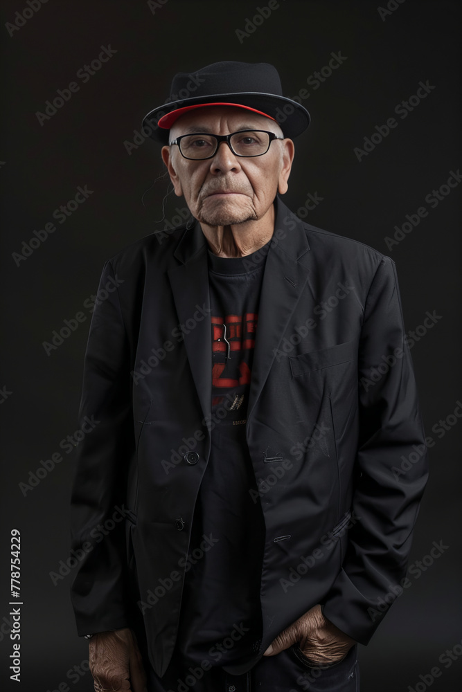 Stylish Senior Man with Classic Hat and Black Jacket Banner Stylish Senior Man with Classic Hat and Black Jacket Banner