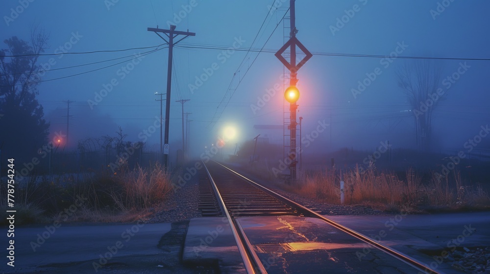 A mood-setting capture of a railroad under the night's fog with a glowing signal lamp indicating caution