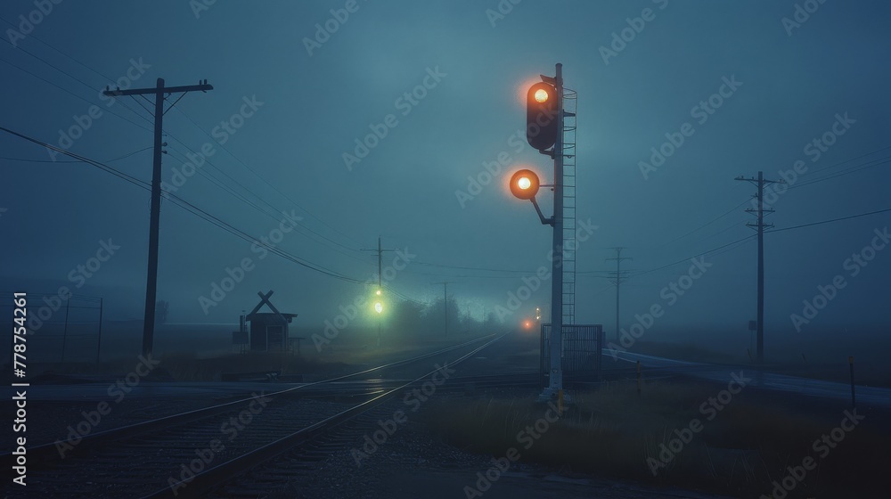 The hauntingly red railroad signal stands out in the foggy, dimly lit night, evoking caution and stillness