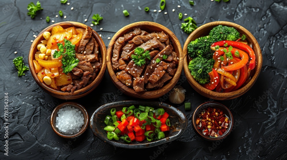 A trio of wooden bowls, each holding distinct vegetables, sits atop a table alongside tiny sauce and seasoning containers A trio of wooden bowls, each holding distinct vegetables, sits atop a table alongside tiny sauce and seasoning containers