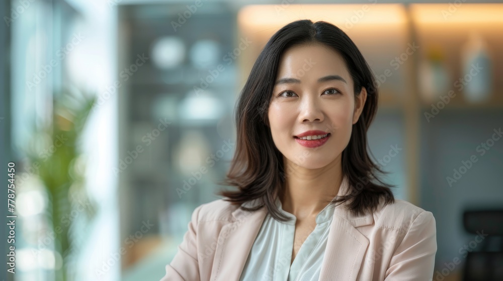 Elegant businesswoman with a subtle smile poses for a portrait in a modern office environment Elegant businesswoman with a subtle smile poses for a portrait in a modern office environment