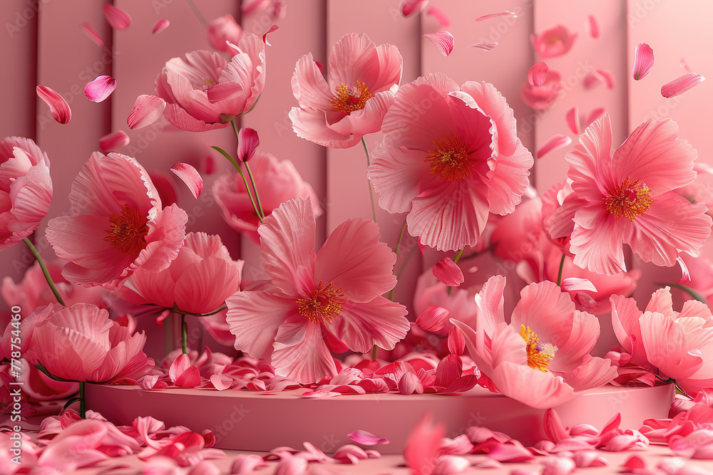 Pink flowers with podium. Created with Ai
