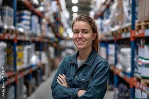 This image captures a content warehouse worker with her arms folded amidst shelves of stock, exuding professionalism