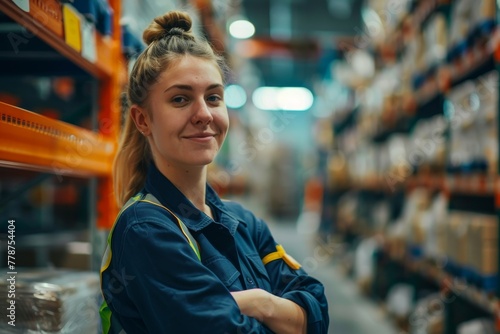 A youthful warehouse employee stands confidently in a well-organized storage area, smiling directly at the camera