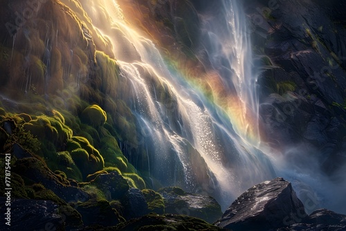 The rainbow on the mountain is full of water.