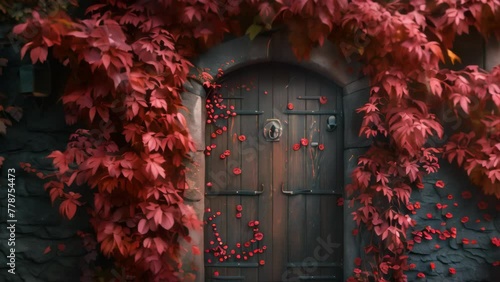 Wooden door with covered red leaf ivy plant
