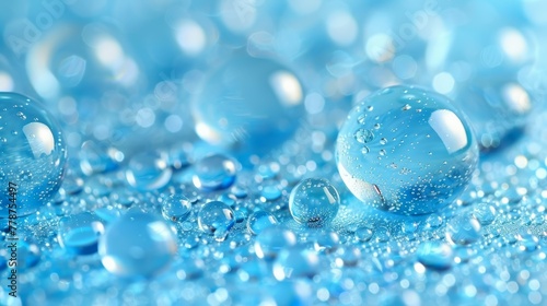  A detailed shot of numerous water droplets clustered on a blue background with water droplets nestled beneath them