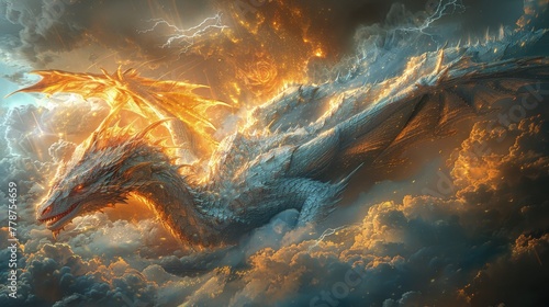 A majestic dragon soaring through stormy skies. mythical creature. Fictional world. © pengedarseni