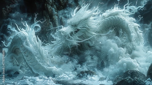 A strange white dragon that resides in the mist. Mythical creature. Fictional world.