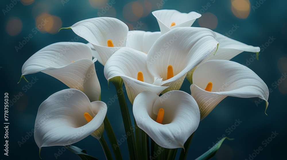   White calla lilies on blue background with bokeh of lights in background