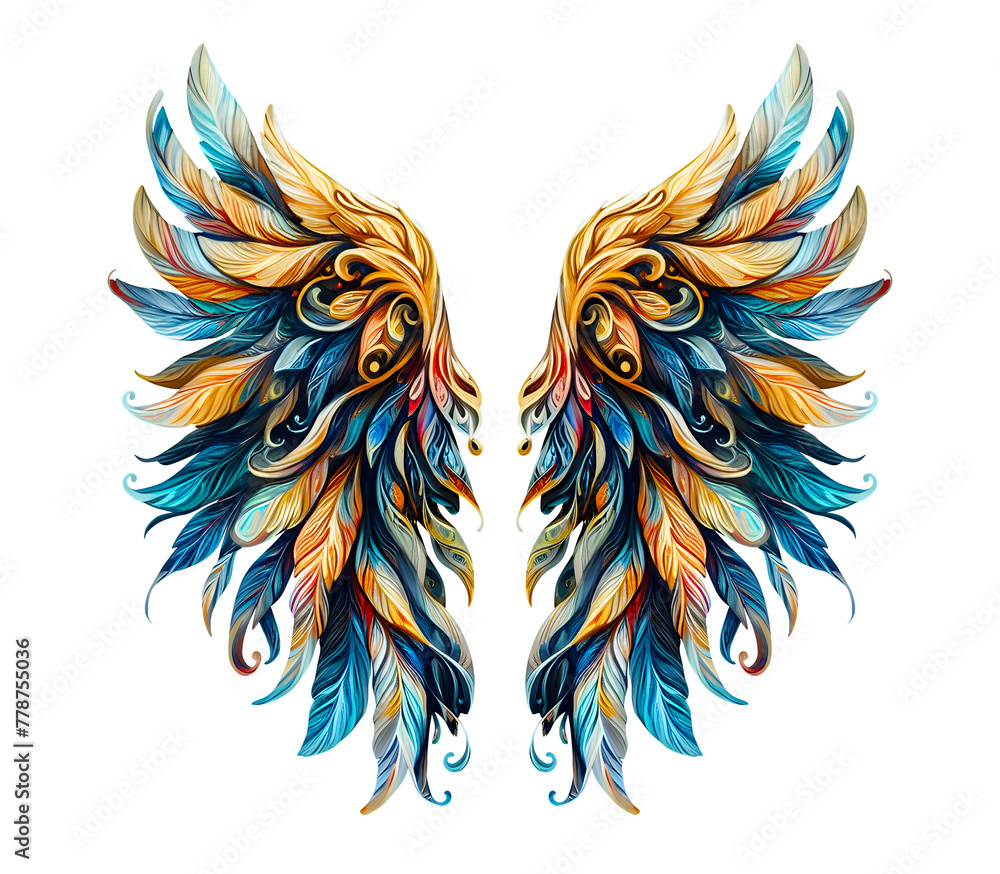 Fototapeta premium angel wing hand drawn watercolour effect front view isolated on transparent background