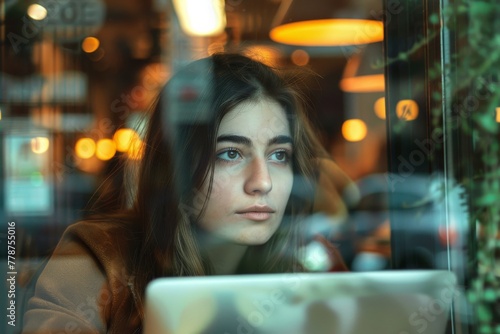 Intrigued young woman peering through a coffee shop window, laptop in front of her