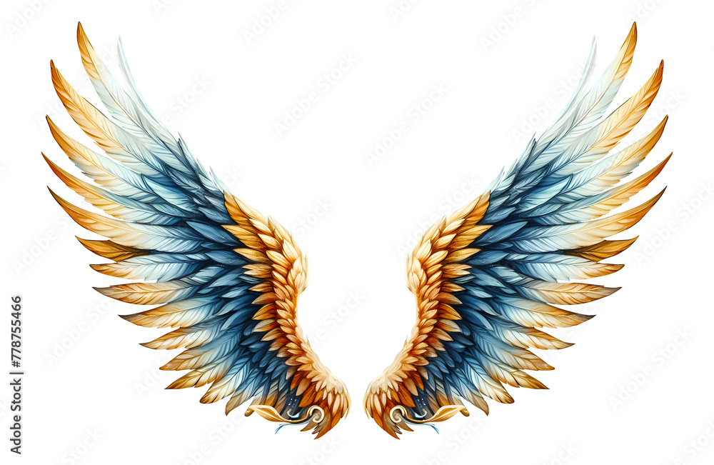 Obraz premium Beautiful angel wings blue yellow front view isolated on transparent background