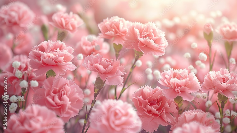   A field of pink carnations with baby's breath in the foreground