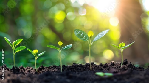 A group of young plants are growing in the dirt