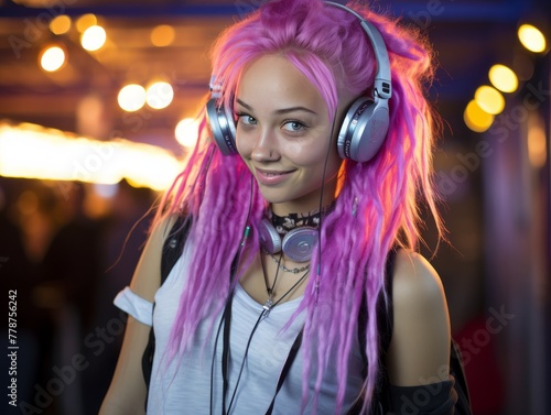 Girl With Pink Hair Wearing Headphones