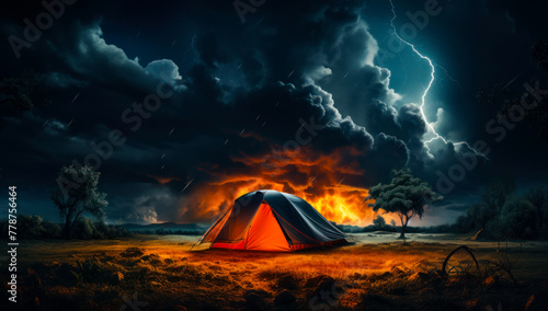 Tent is burning in wild camp during storm with lightnings in the sky. man is approaching the tent looking for help. photo