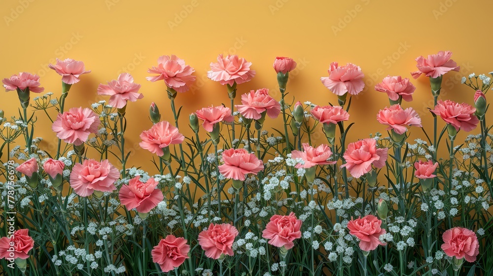   A row of pink and white flowers in front of a yellow wall with a cluster of pink and white flowers in the foreground