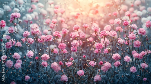   A vibrant field of pink blooms bathed in sunlight behind cloudy skies in the photograph