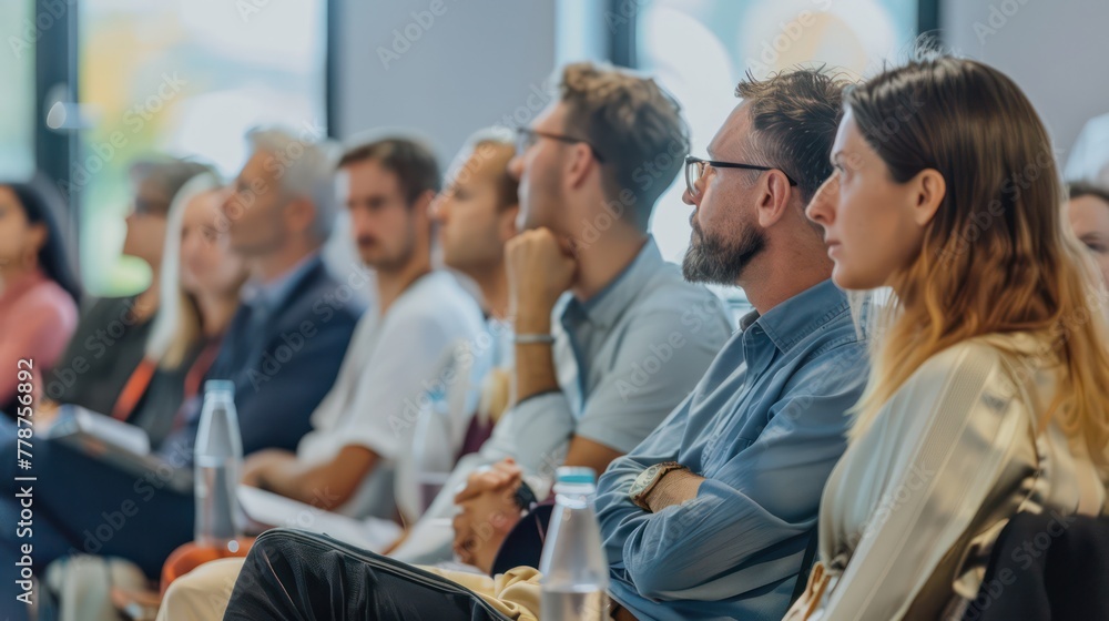 A group of people are sitting in a room and watching something A group of people are sitting in a room and watching something
