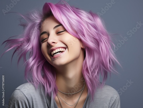 Smiling Woman With Pink Hair and Necklace