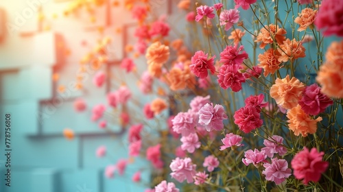   A vibrant array of pink and orange blossoms adorns the foreground, while a serene blue backdrop harmonizes with the subtle brick texture in the background © Shanti