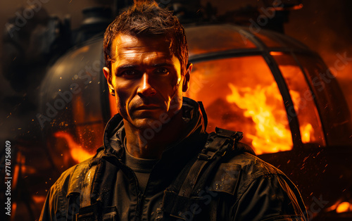 Portrait of handsome soldier in front of burning helicopter