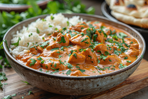  A bowl of chicken tomato cream sauce, garnished with fresh herbs and rice on the side, sits atop an old wooden table. Created with Ai