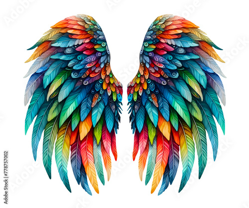 watercolour paint colourful angel wing front view isolated on transparent background