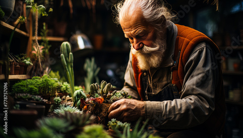 Senior man caring for plants in his garden taking care of plants pruning cacti using pruner photo