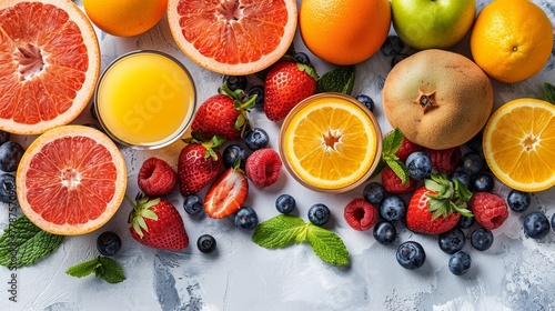  Oranges, strawberries, blueberries, strawberries, apples, and orange juice displayed on a clean white background