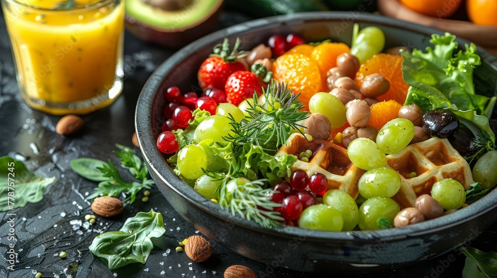 A bowl brimming with fruits and nuts, glass of orange juice, and avocado beside A bowl brimming with fruits and nuts, glass of orange juice, and avocado beside