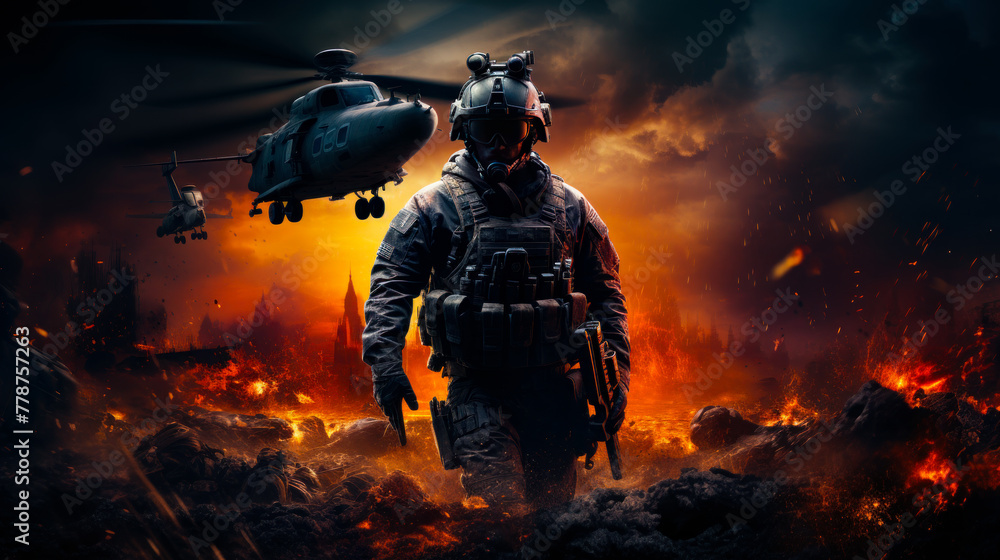 Army soldier with rifle is walking through the fire on battlefield. Military helicopter is on the background Army soldier with rifle is walking through the fire on battlefield. Military helicopter is on the background