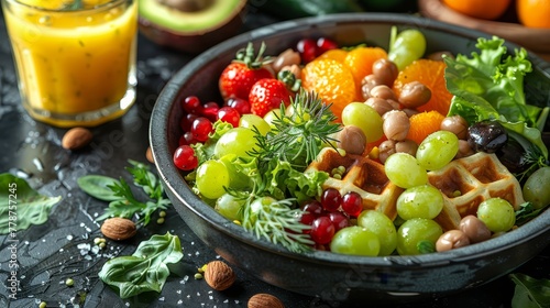  A bowl brimming with fruits and nuts, glass of orange juice, and avocado beside