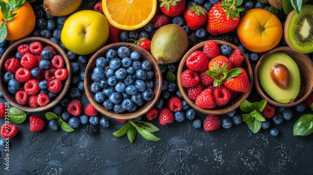 A table topped with bowls of fruit, including oranges, raspberries, kiwis, and other fruits A table topped with bowls of fruit, including oranges, raspberries, kiwis, and other fruits
