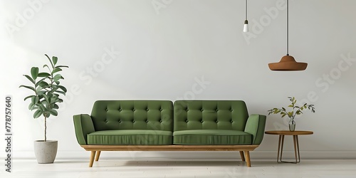 A green sofa with wooden legs and light wood armrests, accompanied by an olivecolored coffee table and pendant lighting on the white background photo
