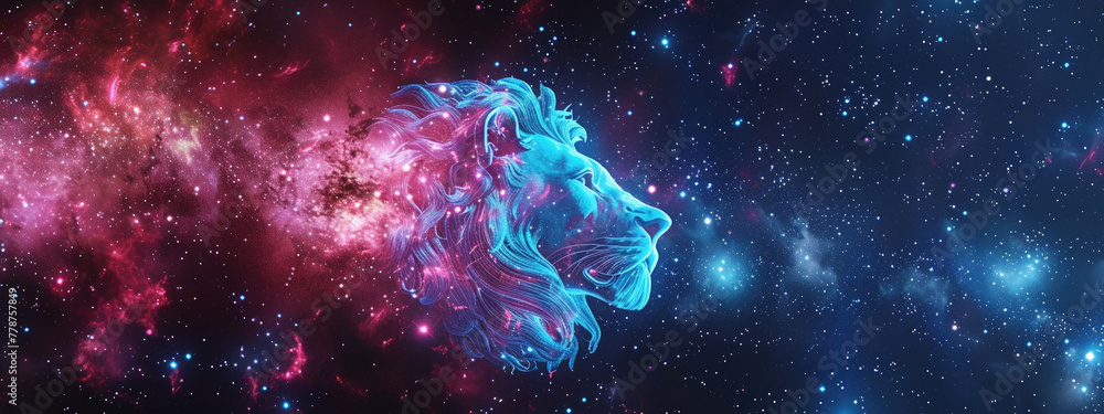 Leo Zodiac Sign Against Space Nebula - obrazy, fototapety, plakaty 
