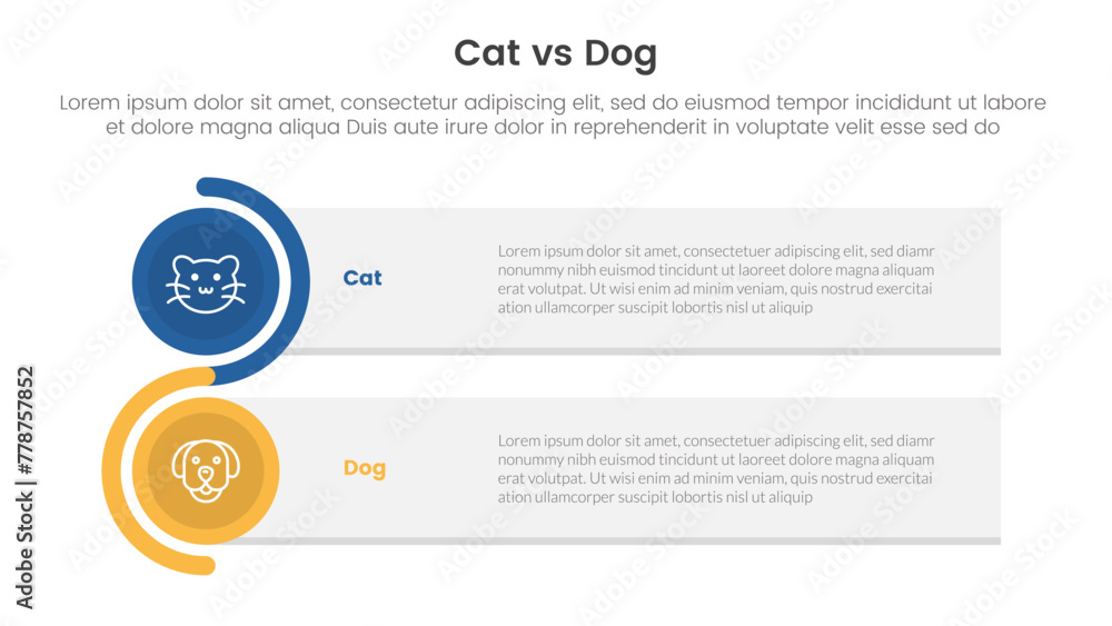 cat vs dog comparison concept for infographic template banner with rectangle box stack and circle wave with two point list information