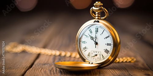 A gold pocket watch with Roman numerals on the face sits on a wooden table
